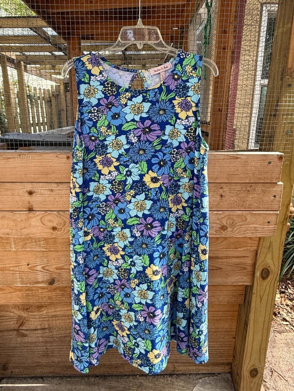 Harlow & Rose Women's Swing Dress Large Blue Floral Sleeveless Summer Resort